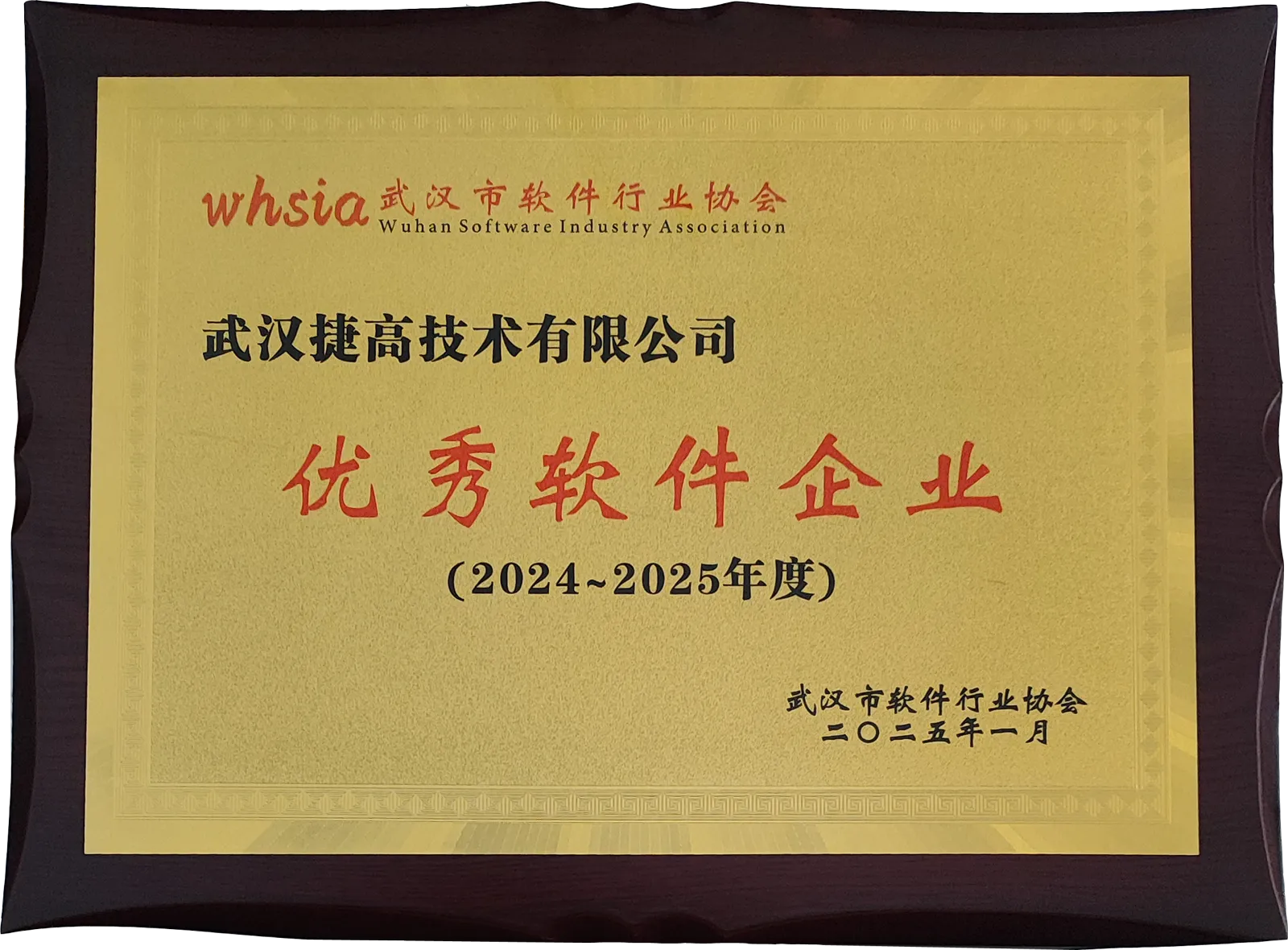 武汉捷高技术有限公司优秀软件企业（2024~2025 年度，武汉市软件行业协会 2025 年 1 月）